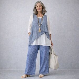 BRYN WALKER LINEN CHAMBRAY DENIM BLUE CROPPED WIDE LEG PANTS SIZE LARGE